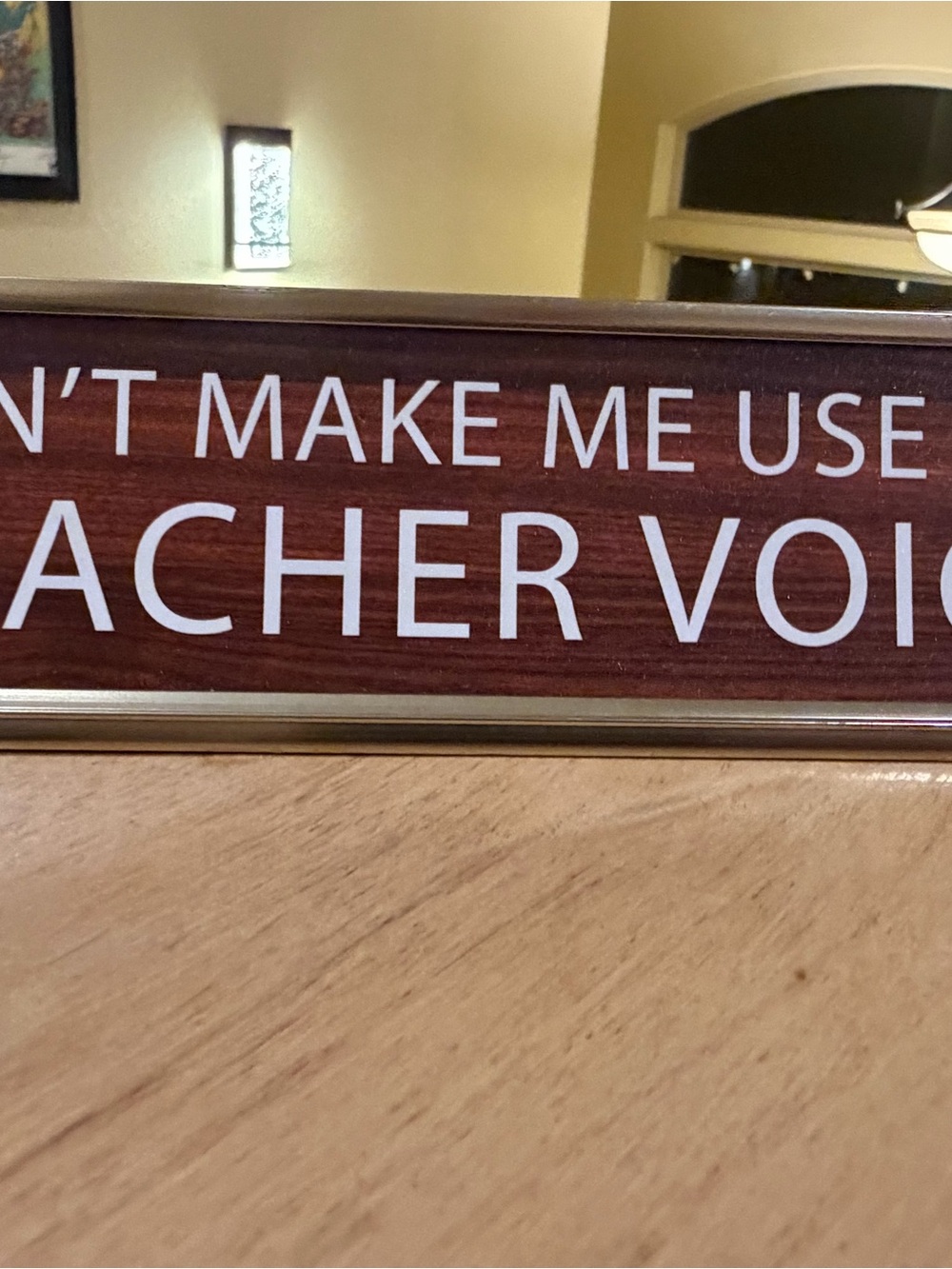 Funny Desk Sign - 'Teacher Voice' Wood Grain with White Lettering